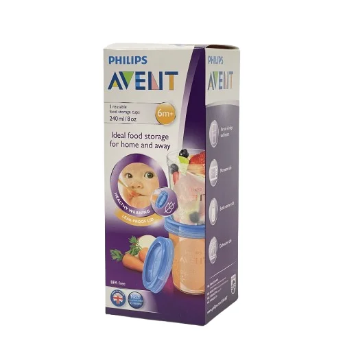 Philips Avent Reusable Food Storage Cups – 240ml (Pack of 5) | BPA-Free | Leak-Proof | Freezer & Microwave Safe
